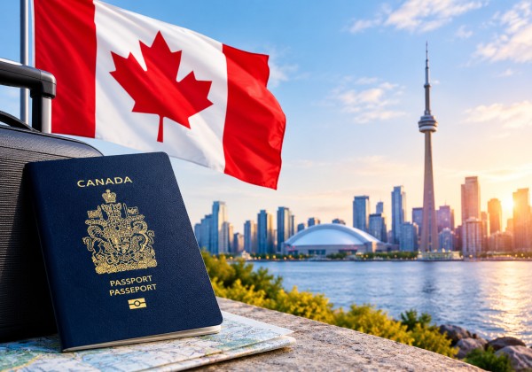 Canada immigration 2026 with Canadian passport, flag and Toronto skyline